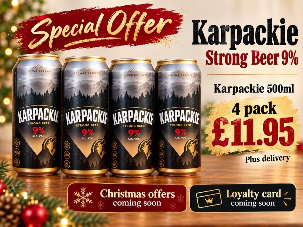 Four 500ml cans of Karpackie Strong Beer 9% on special offer for £11.95 plus delivery from My Drinks Delivered in Barnsley.
