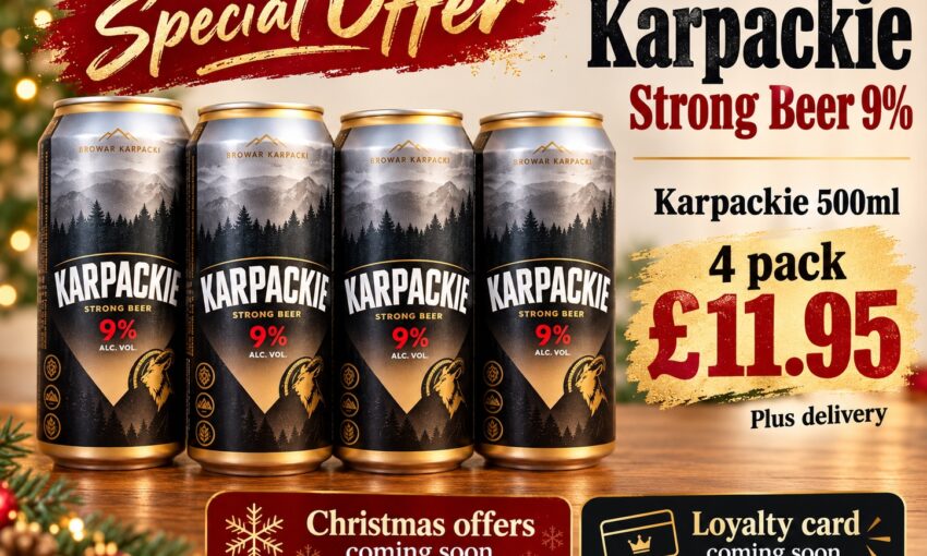 Four 500ml cans of Karpackie Strong Beer 9% on special offer for £11.95 plus delivery from My Drinks Delivered in Barnsley.